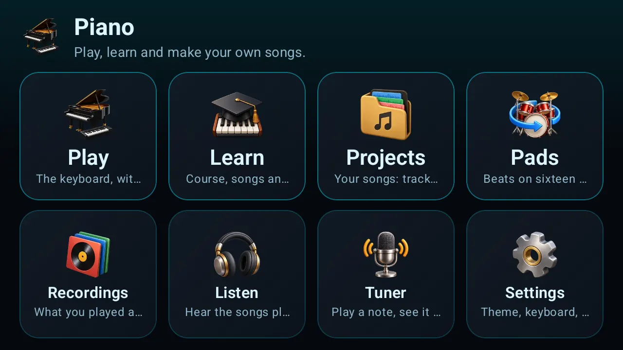 Klavola's start screen: Play, Learn, Projects, Pads, Recordings, Listen, Tuner and Settings